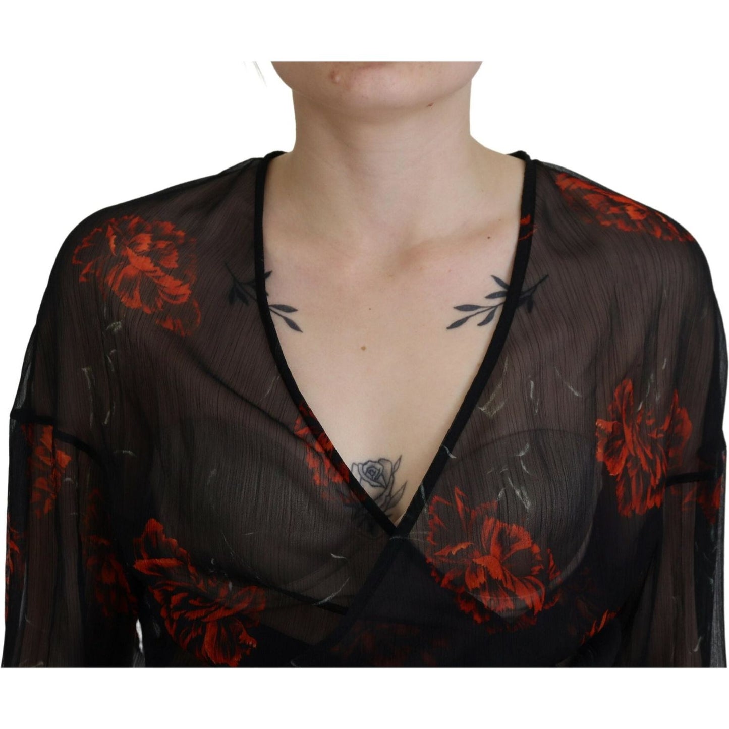 Dsquared² Black Floral Print Cropped Wrap Long Sleeves Top Dsquared²