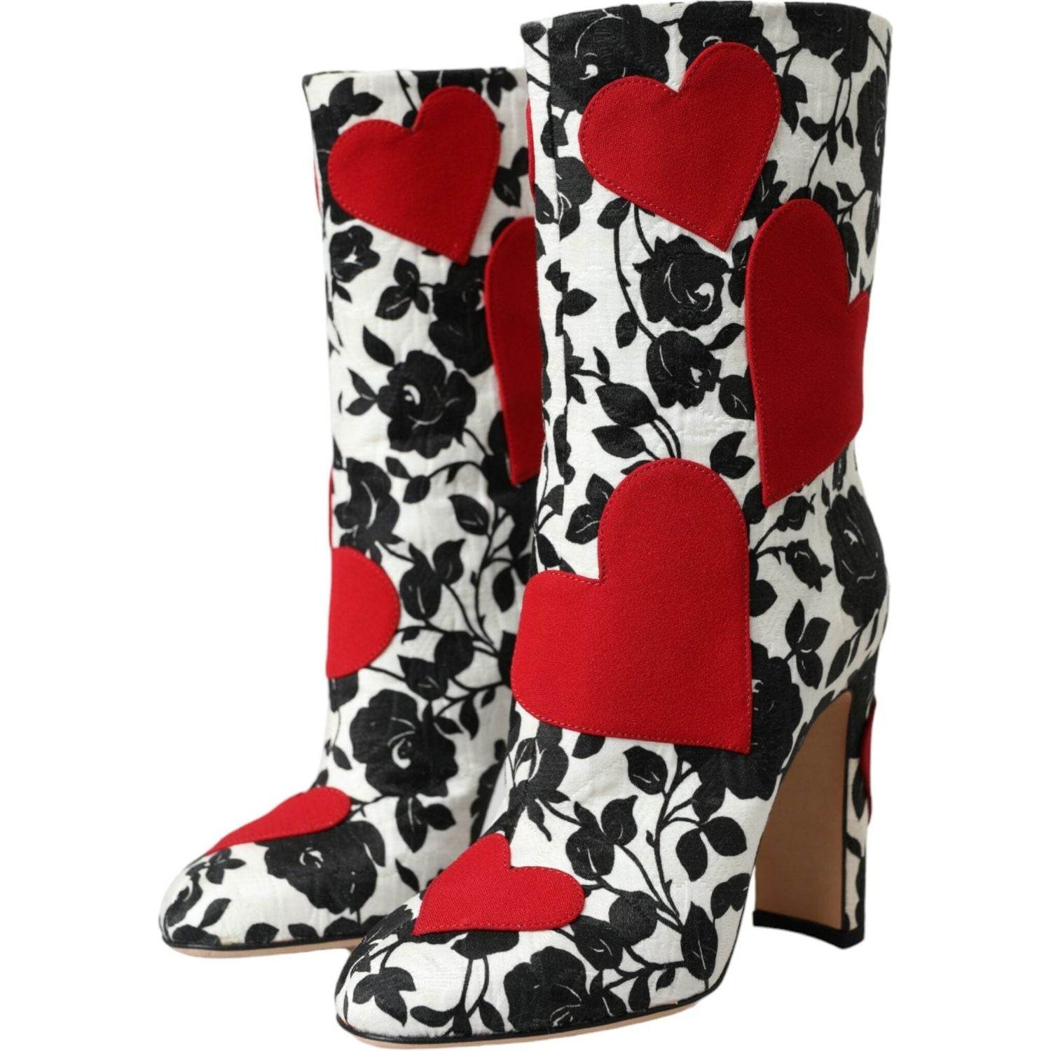 Dolce & Gabbana White Floral Hearts Leather High Boots Shoes