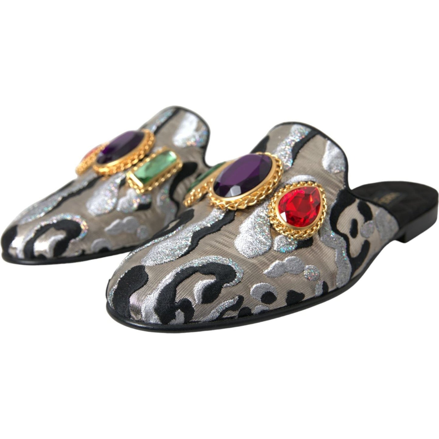 Dolce & Gabbana Gray Jacquard Crystal Mule Flat Sandals Shoes Dolce & Gabbana