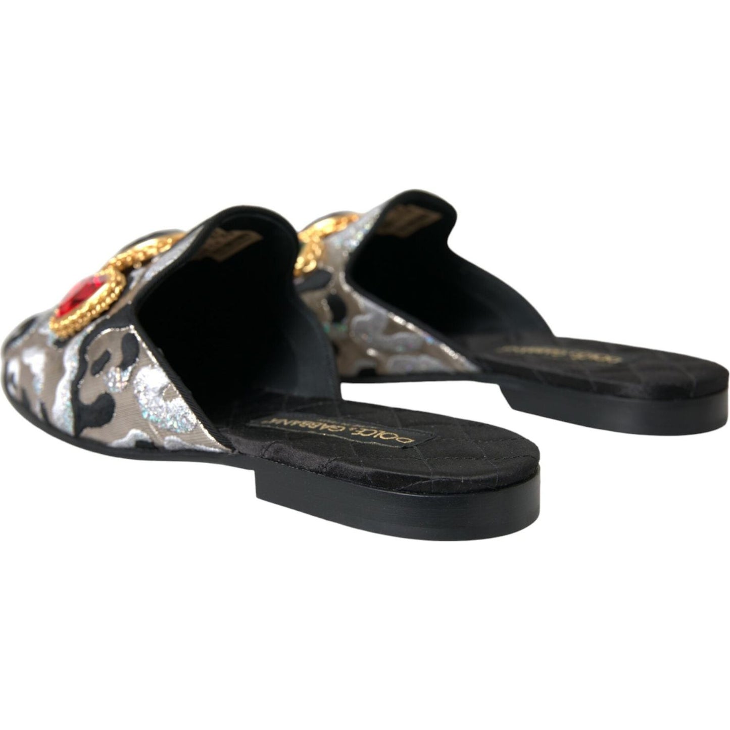 Dolce & Gabbana Gray Jacquard Crystal Mule Flat Sandals Shoes Dolce & Gabbana