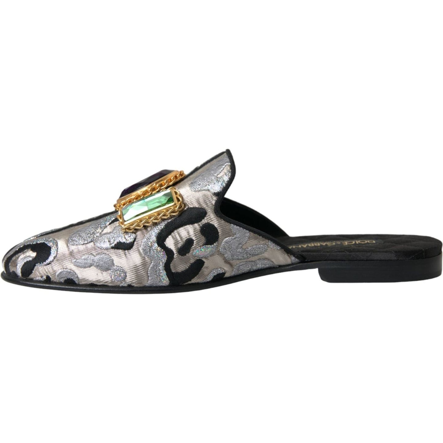 Dolce & Gabbana Gray Jacquard Crystal Mule Flat Sandals Shoes Dolce & Gabbana