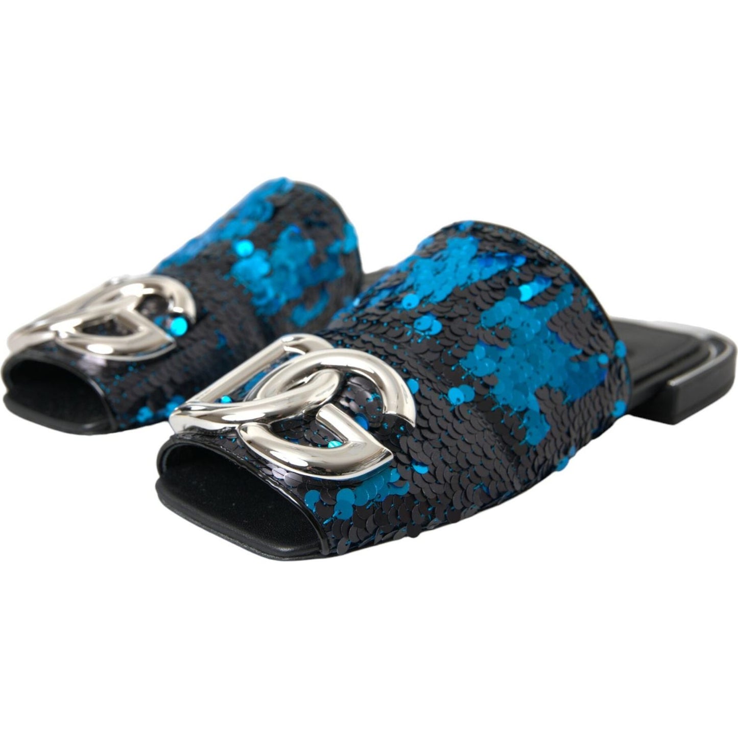 Dolce & Gabbana Blue Sequin Logo Slides Sandals Shoes Dolce & Gabbana