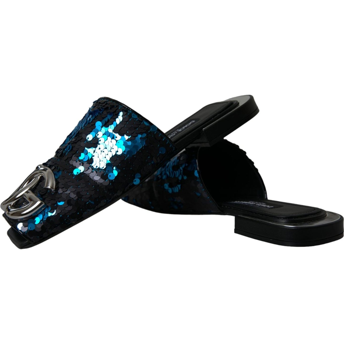 Dolce & Gabbana Blue Sequin Logo Slides Sandals Shoes Dolce & Gabbana