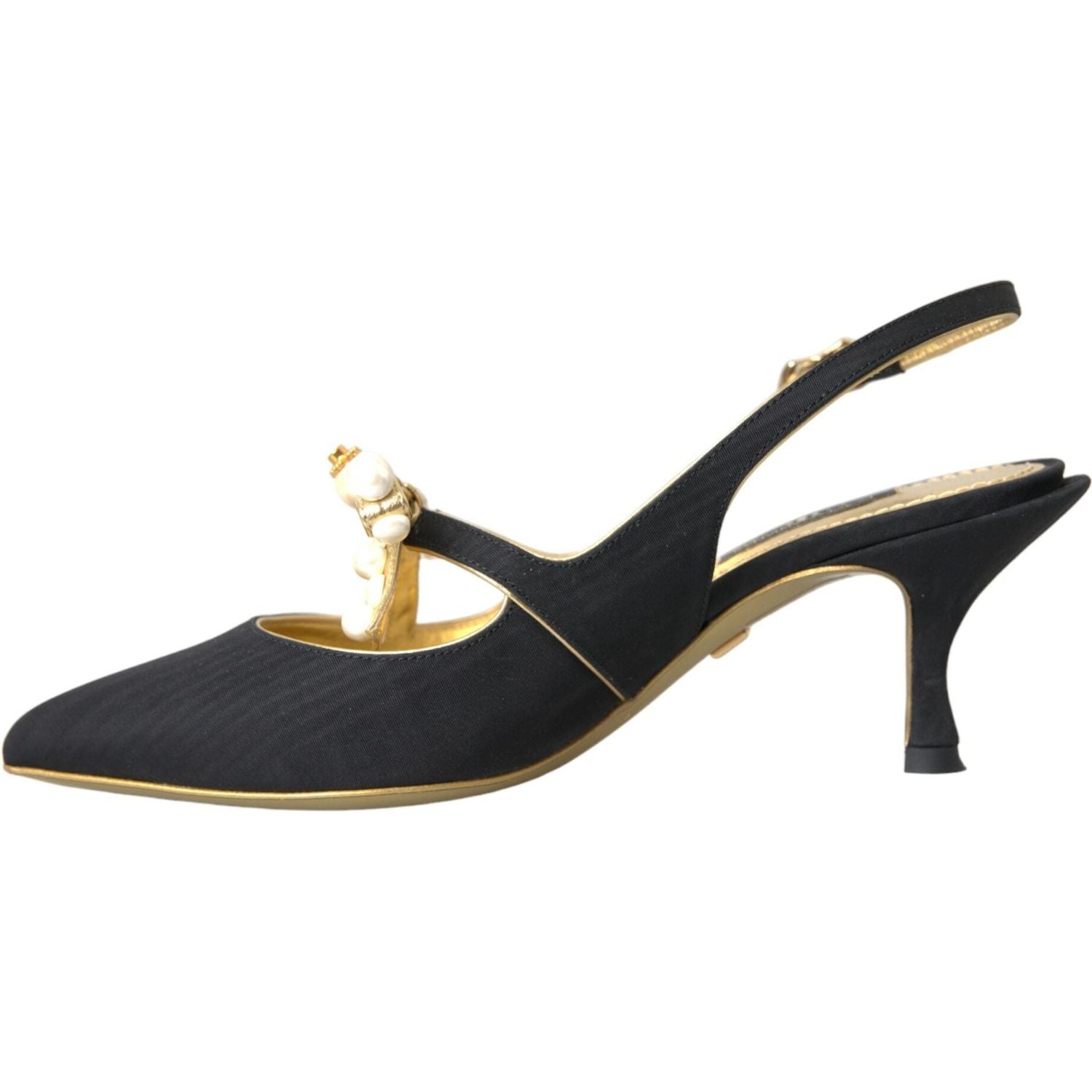 Dolce & Gabbana Black Leather Faux Pearls Slingbacks Shoes