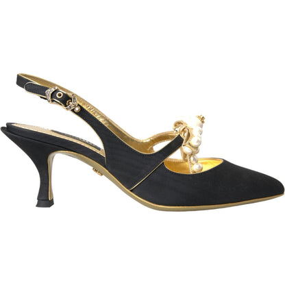 Dolce & Gabbana Black Leather Faux Pearls Slingbacks Shoes Dolce & Gabbana