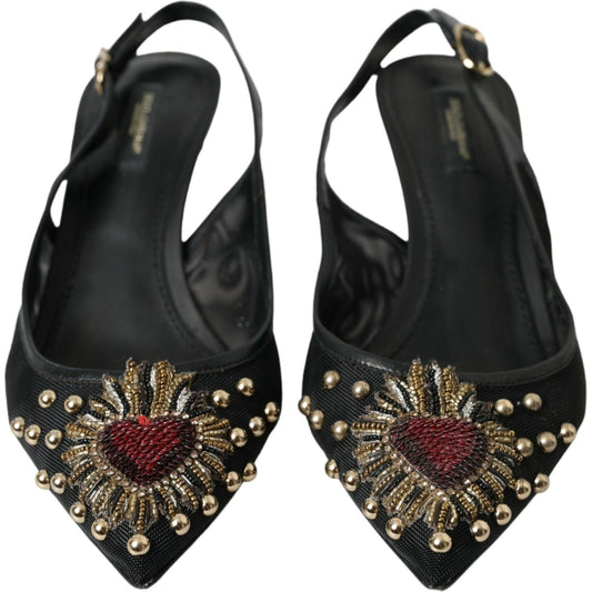 Dolce & Gabbana Black Mesh Embellished Heel Slingbacks Shoes Dolce & Gabbana