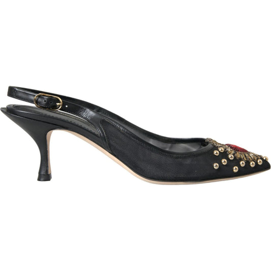 Dolce & Gabbana Black Mesh Embellished Heel Slingbacks Shoes Dolce & Gabbana