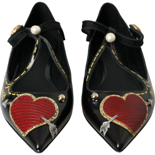 Dolce & Gabbana Black Leather Heart Embellished Loafers Shoes