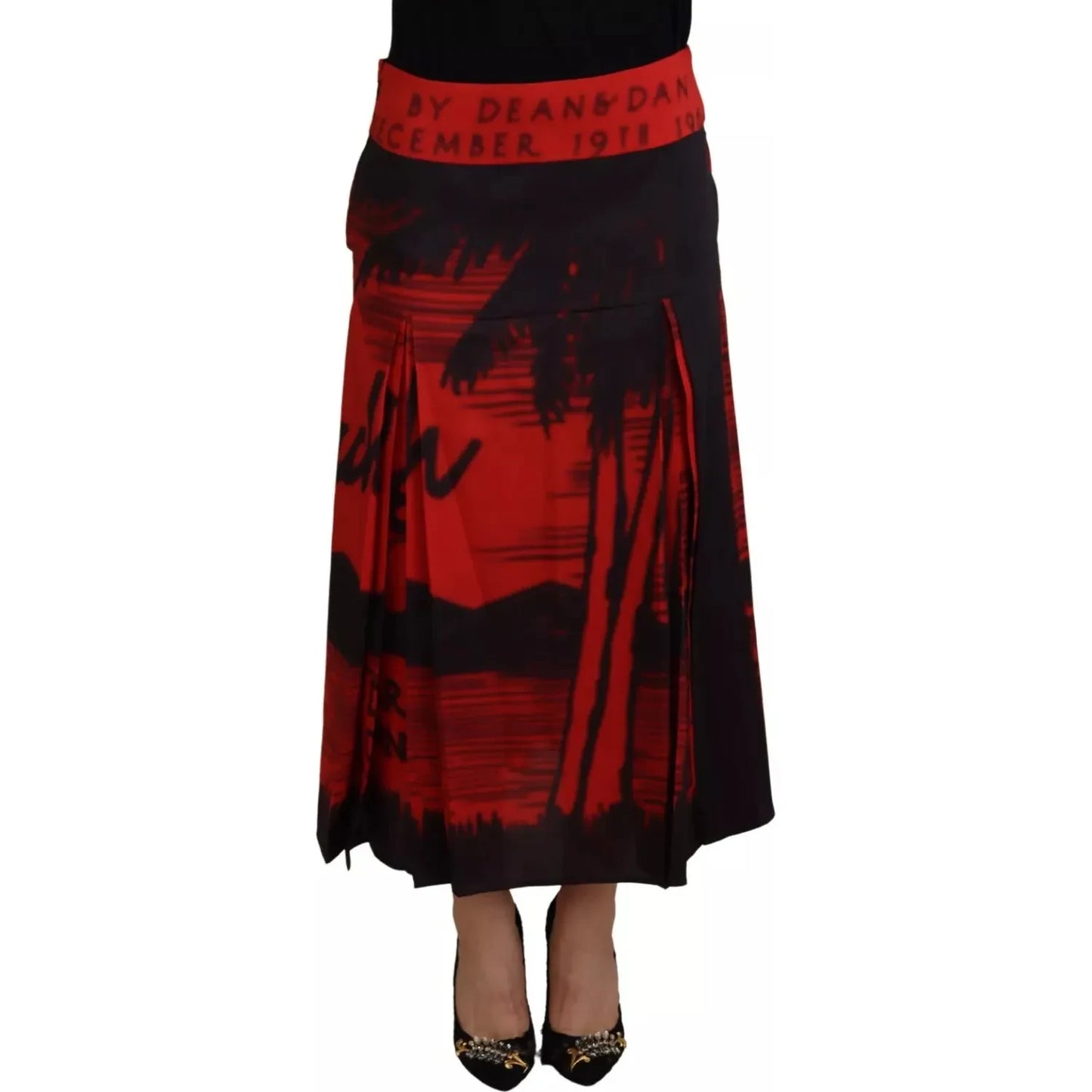 Dsquared² Red Printed High Waist A-line Pleated Midi Skirt Dsquared²