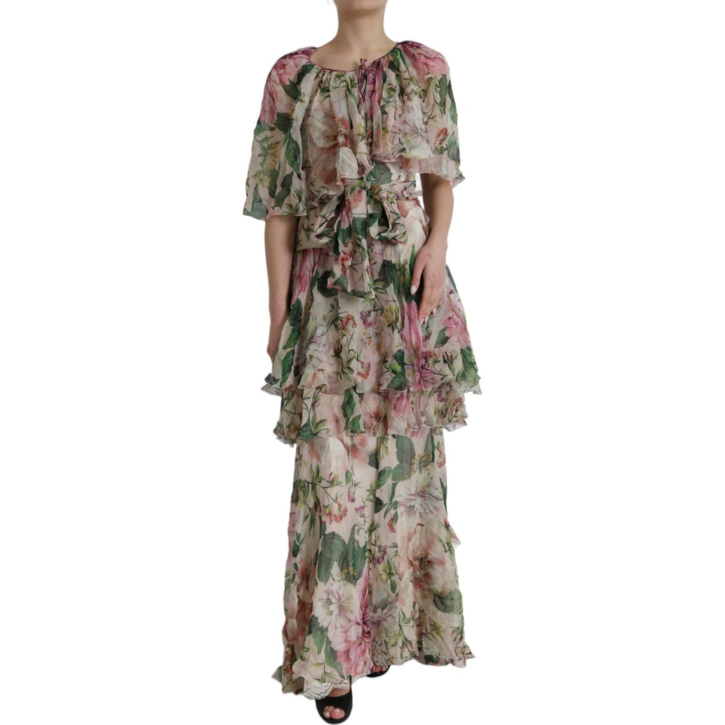 Dolce & Gabbana Multicolor Floral Silk Tiered Long Maxi Dress Dolce & Gabbana