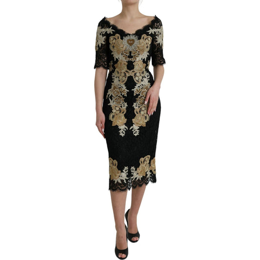 Dolce & Gabbana Black Floral Lace Cotton Sheath Midi Dress Dolce & Gabbana