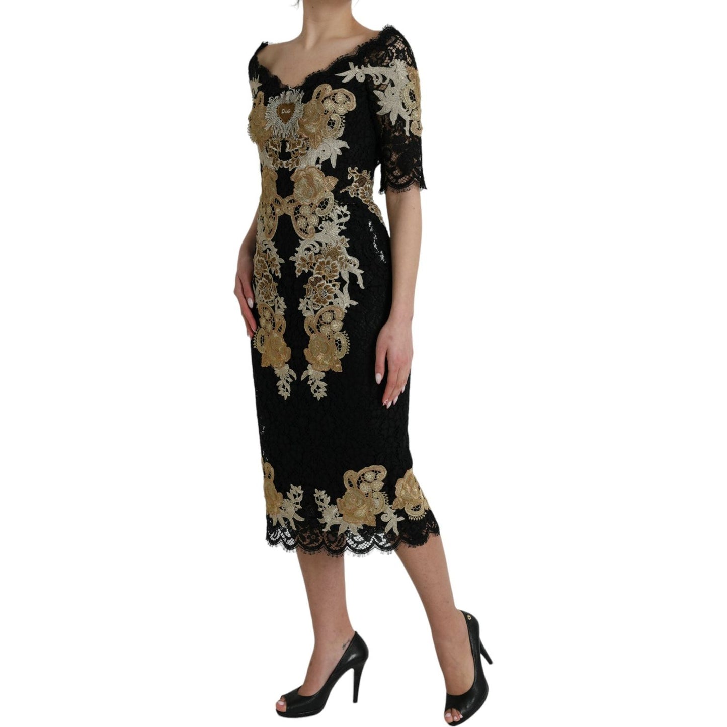 Dolce & Gabbana Black Floral Lace Cotton Sheath Midi Dress Dolce & Gabbana