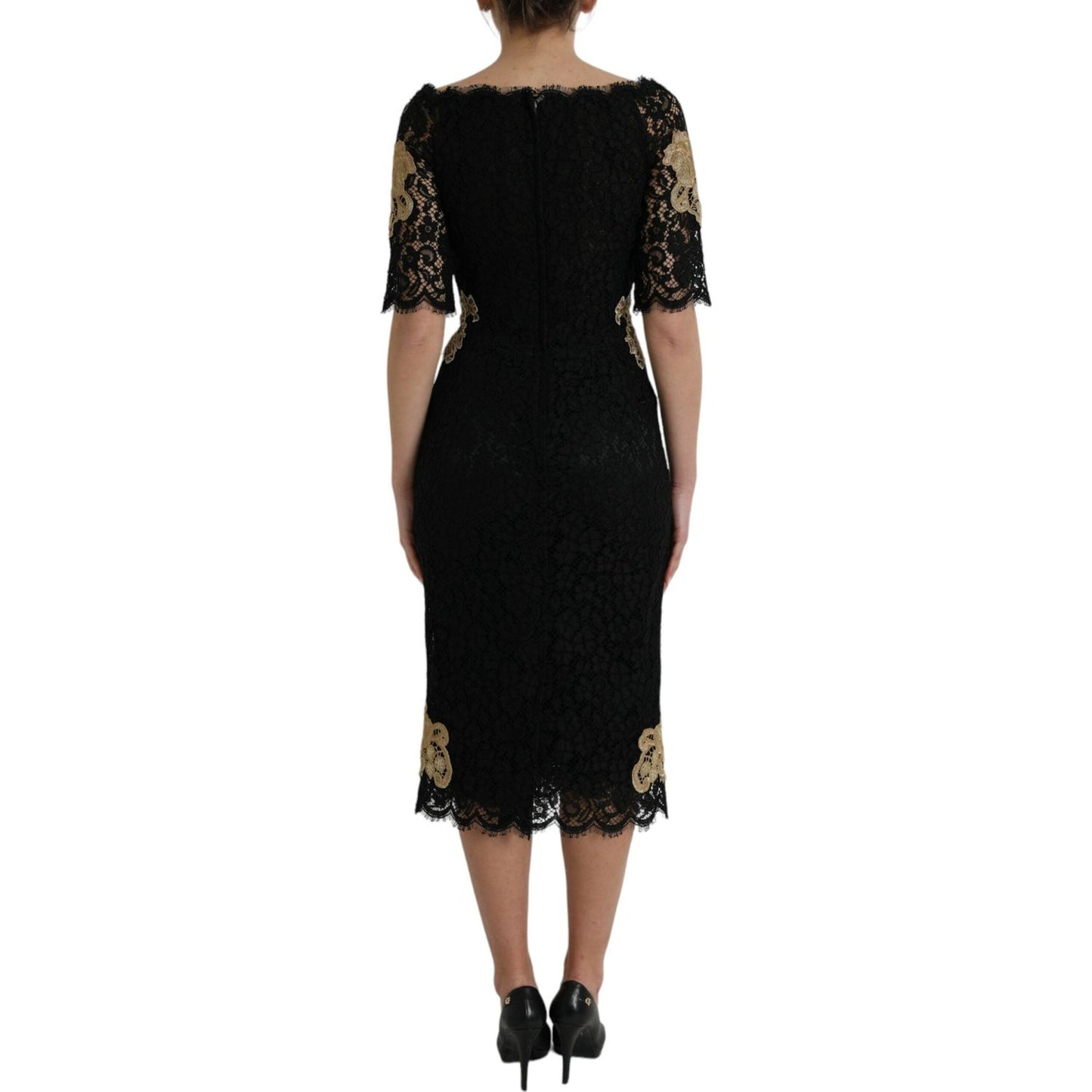 Dolce & Gabbana Black Floral Lace Cotton Sheath Midi Dress Dolce & Gabbana