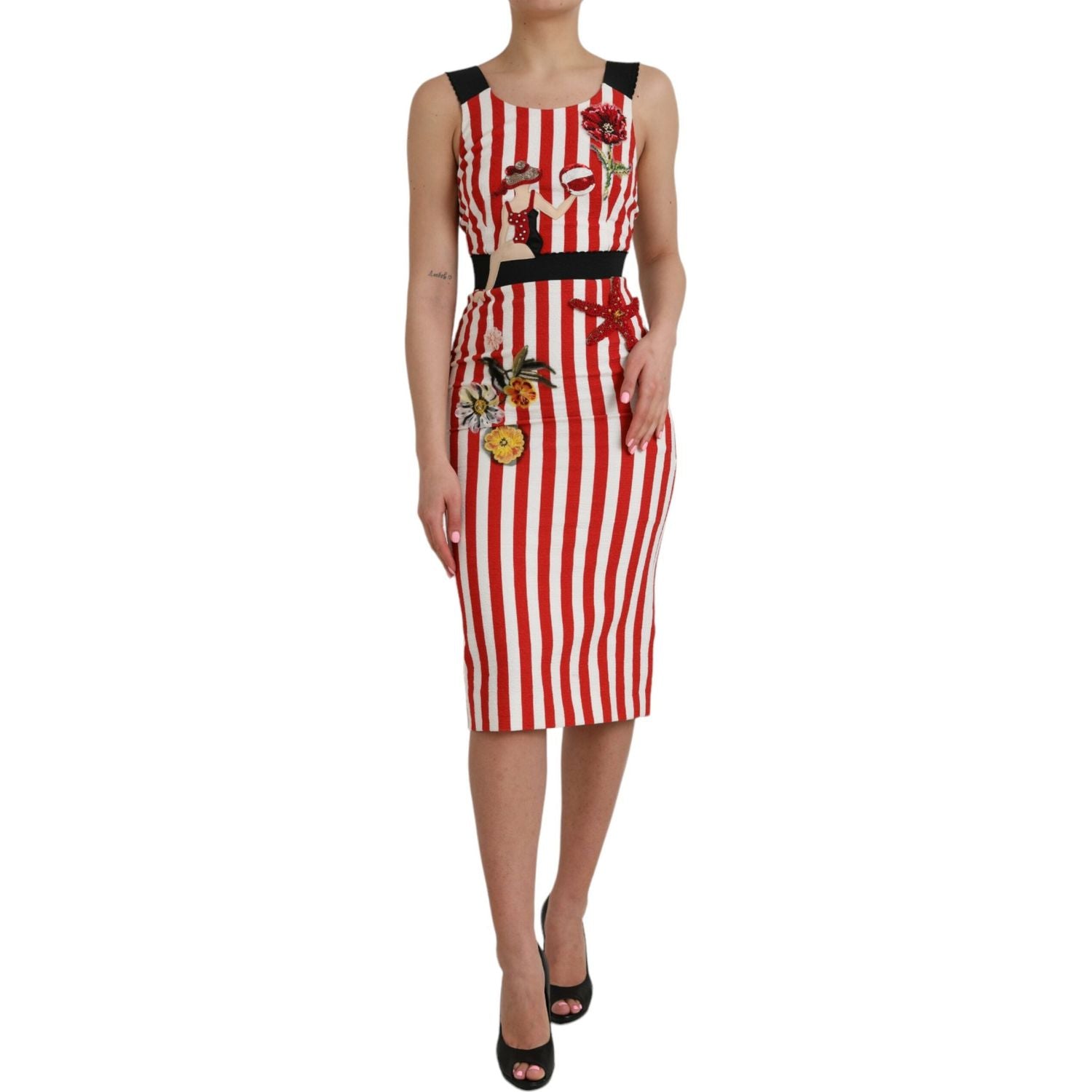 Dolce & Gabbana Red White Floral Sleeveless Sheath Midi Dress