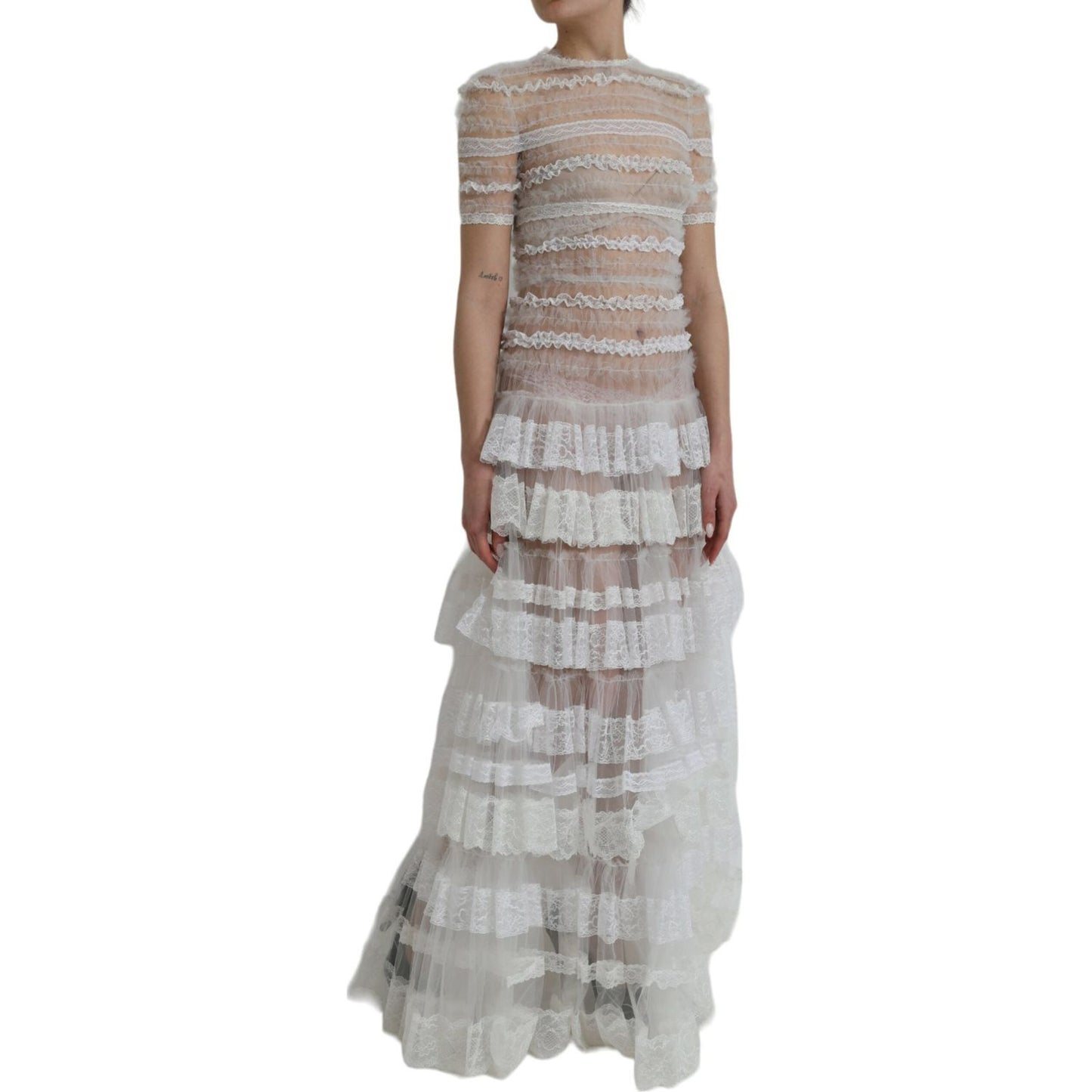 Dolce & Gabbana White Nylon Sheer Tiered Lace Maxi Dress Dolce & Gabbana