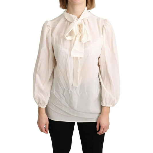 Dolce & Gabbana Off White Scarfneck Long Sleeves Blouse Silk Top Dolce & Gabbana