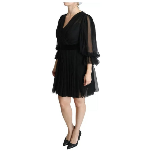 Dolce & Gabbana Black Mesh Pleated Mini Silk Blend Dress Dolce & Gabbana