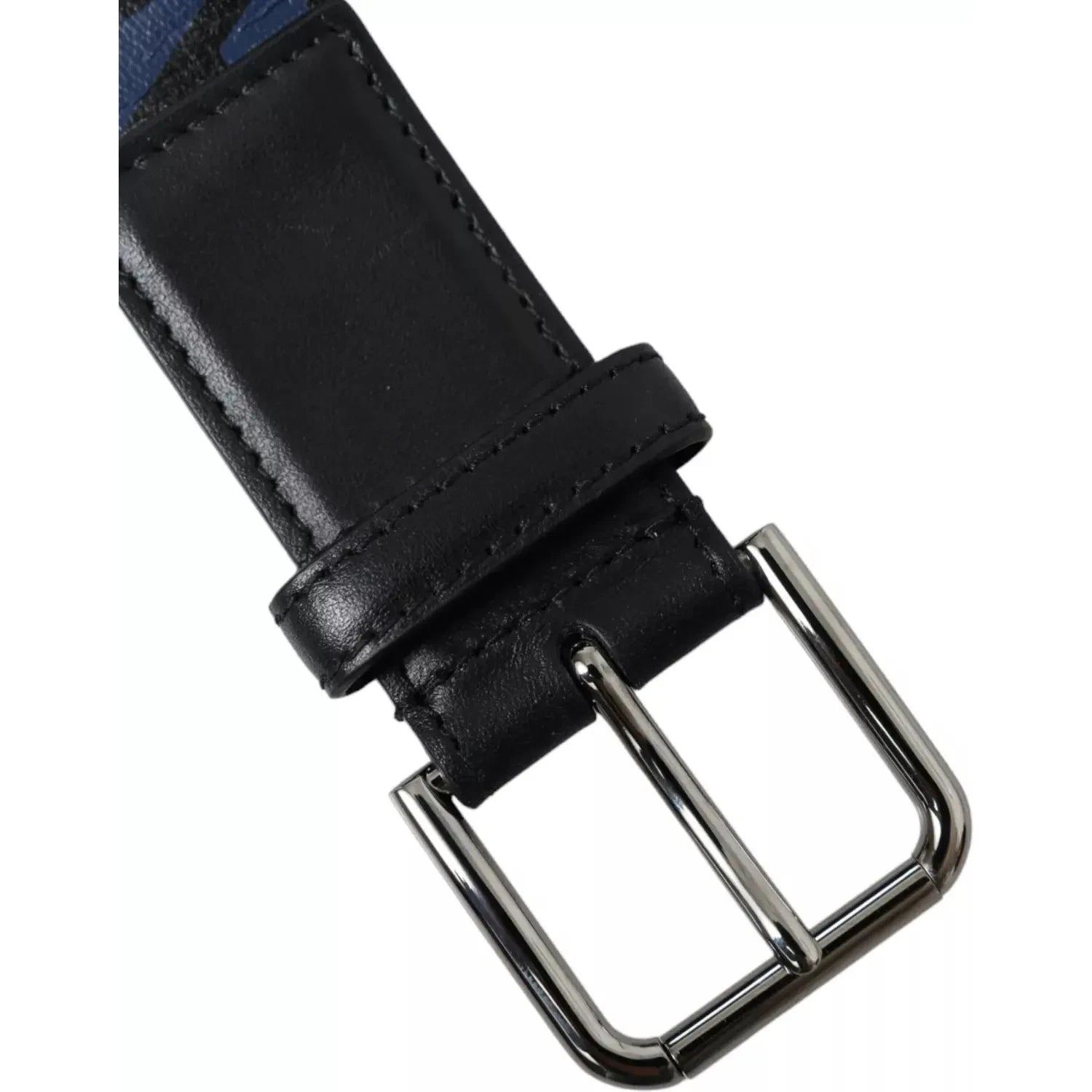 Dolce & Gabbana Black Blue Logo Silver Metal Buckle Belt