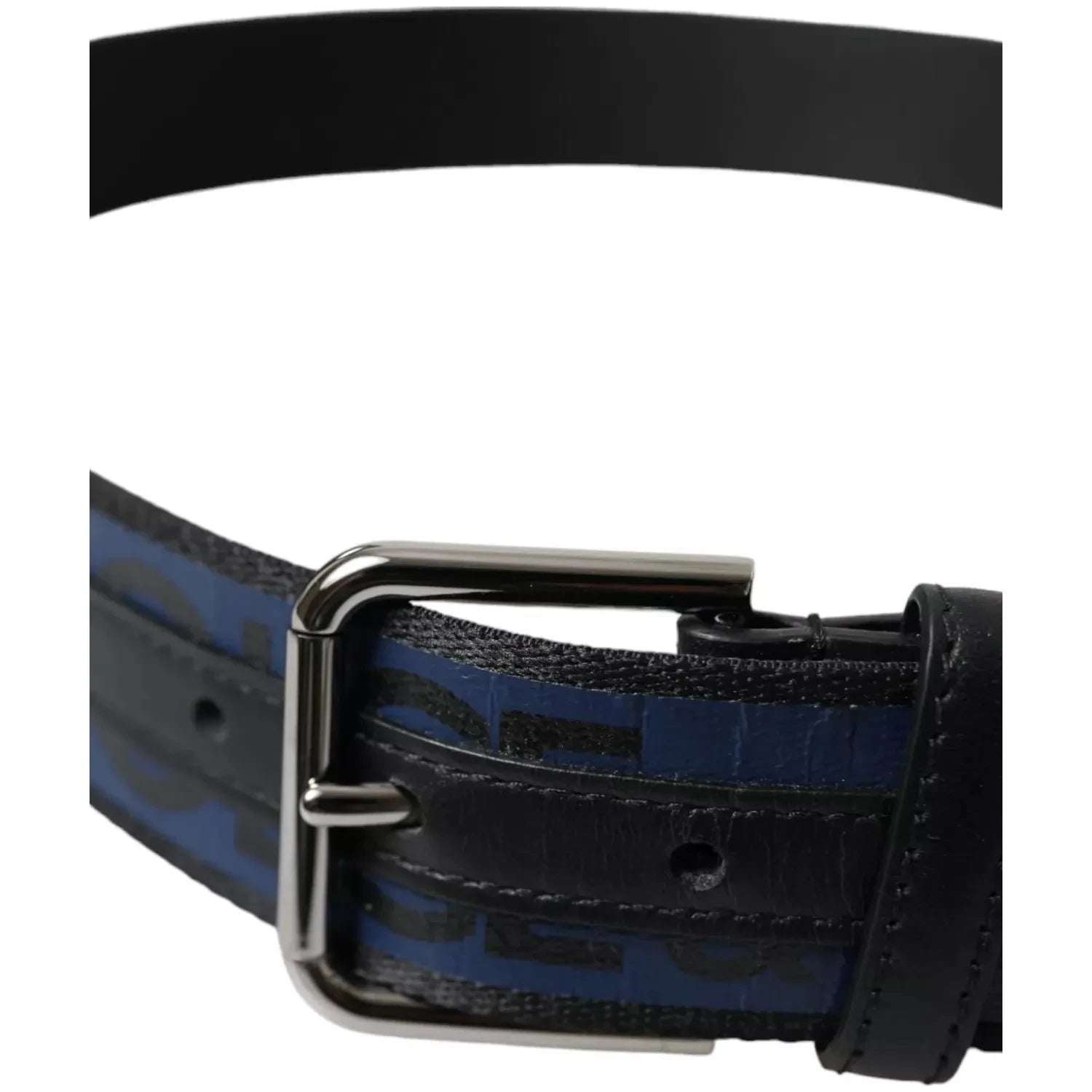 Dolce & Gabbana Black Blue Logo Silver Metal Buckle Belt