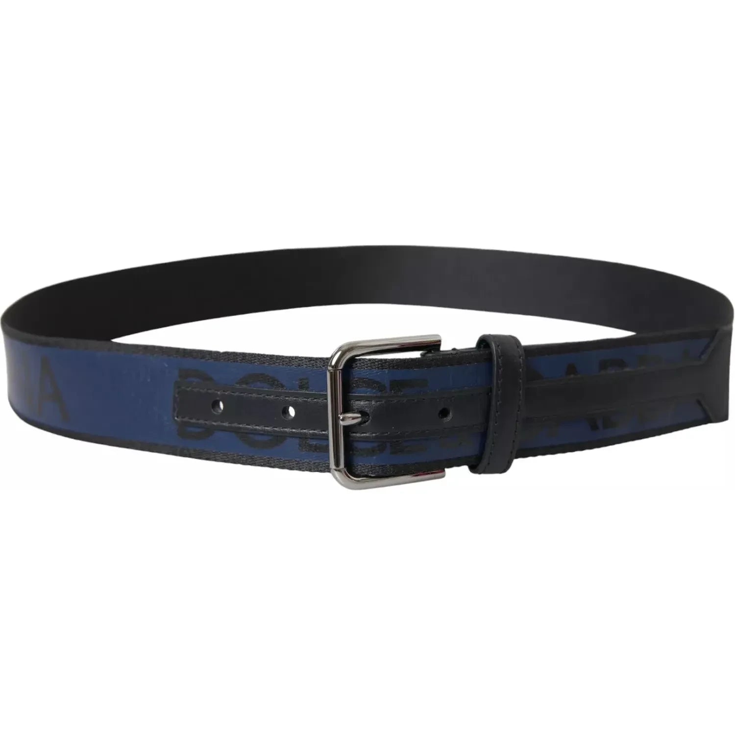 Dolce & Gabbana Black Blue Logo Silver Metal Buckle Belt