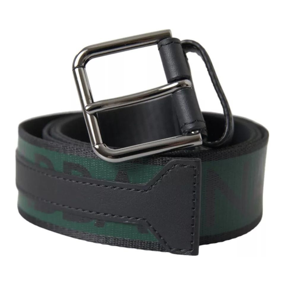 Dolce & Gabbana Black Green Logo Silver Metal Buckle Belt Dolce & Gabbana