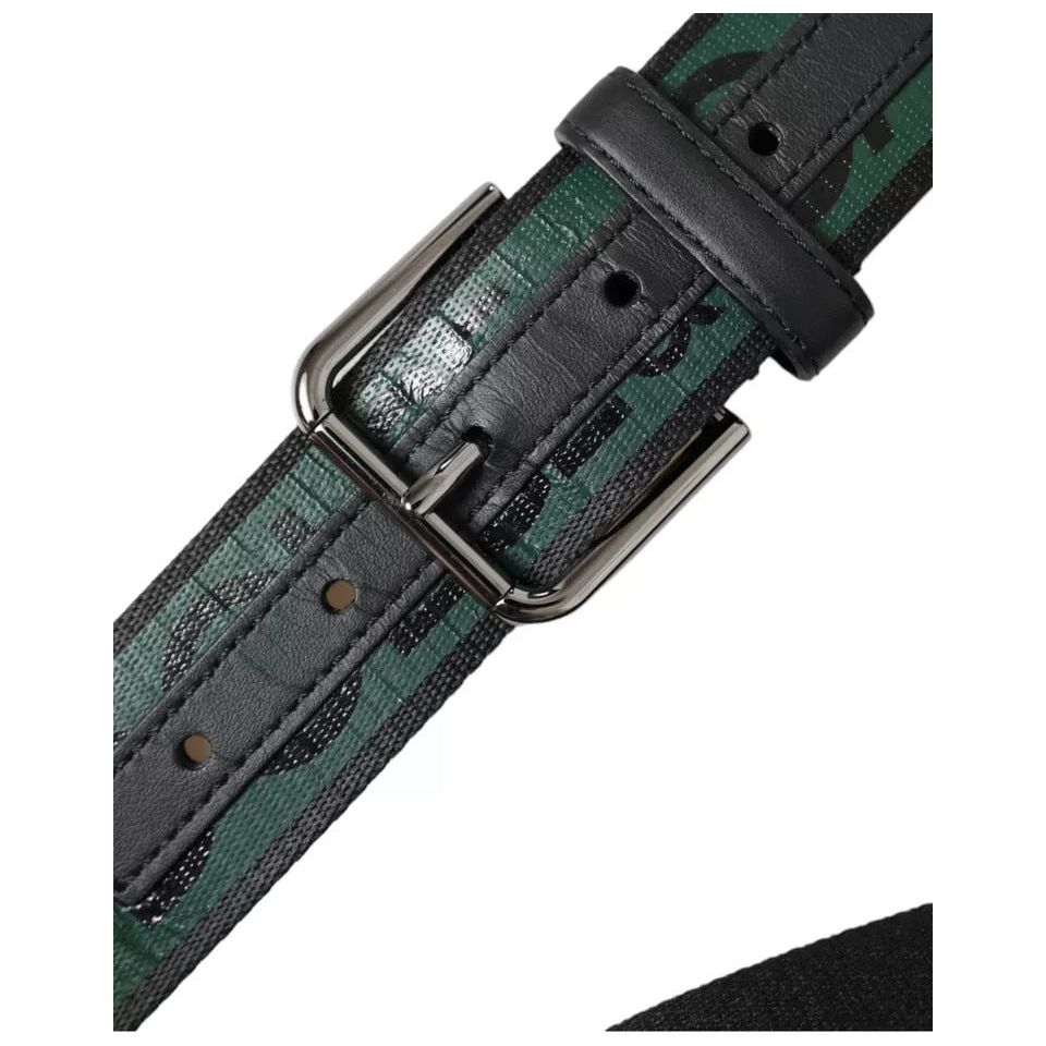 Dolce & Gabbana Black Green Logo Silver Metal Buckle Belt Dolce & Gabbana