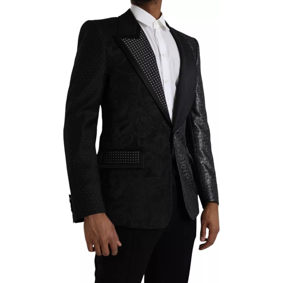 Dolce & Gabbana Black Silver Silk Single Breasted Coat Blazer Dolce & Gabbana