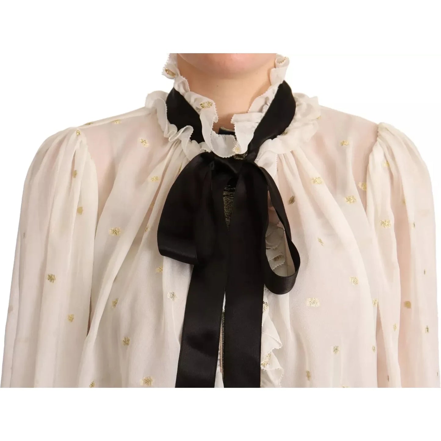 Dolce & Gabbana Off White Silk Blend Ascot Collar Blouse Top Dolce & Gabbana