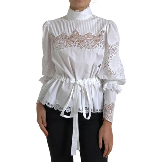 Dolce & Gabbana White Cotton Lace Trim Turtle Neck Top Blouse Dolce & Gabbana