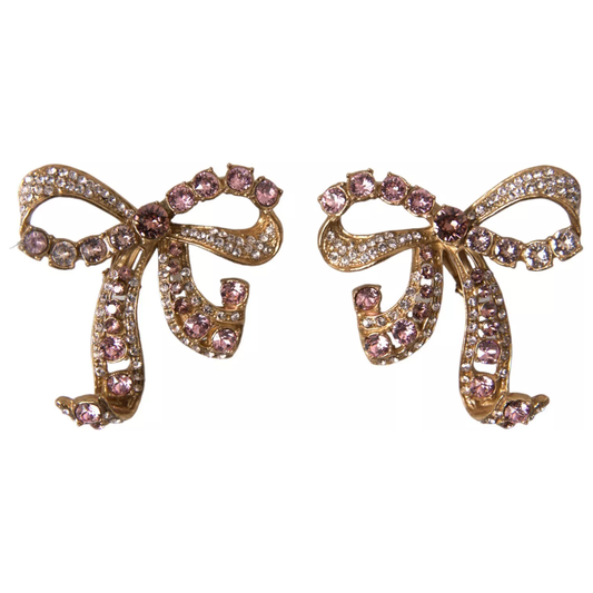 Dolce & Gabbana Gold Brass Pink Clear Crystal Bow Fiocchi Christmas Earrings Dolce & Gabbana