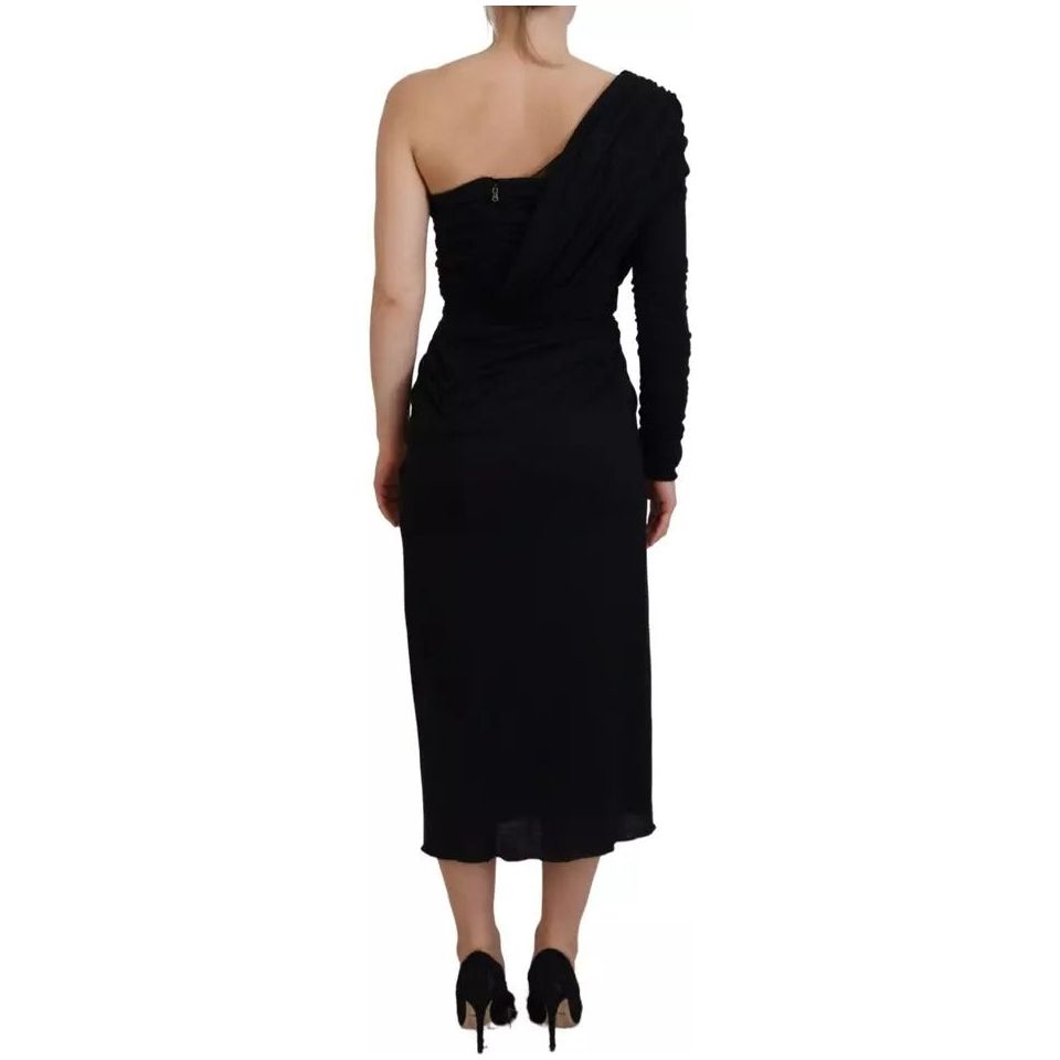 Dolce & Gabbana Black Wrap Sheath One Shoulder Wool Dress Dolce & Gabbana