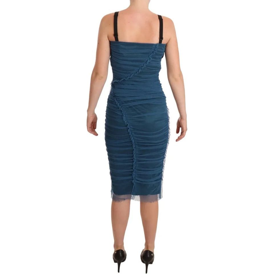 Dolce & Gabbana Blue Mesh Trim Ruched Tulle Sheath Dress Dolce & Gabbana