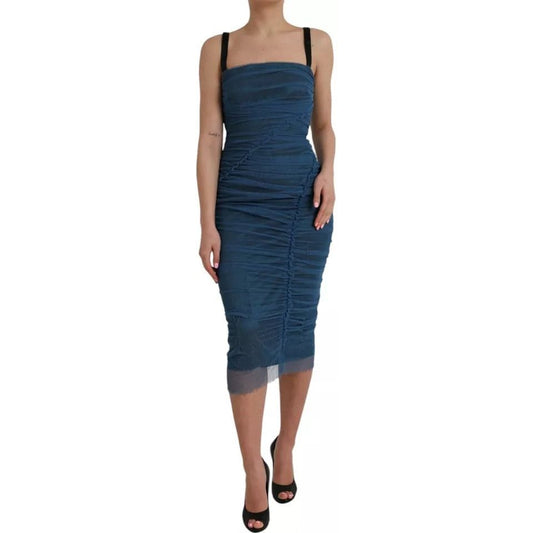 Dolce & Gabbana Blue Mesh Trim Ruched Tulle Sheath Dress Dolce & Gabbana