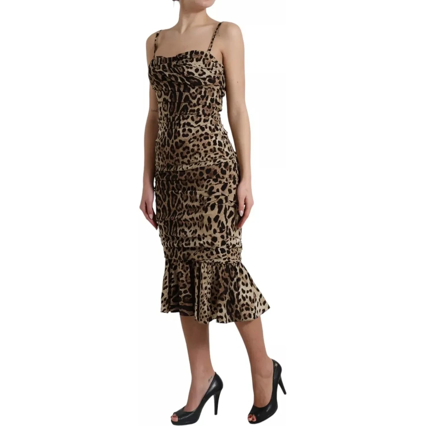 Dolce & Gabbana Silk Brown Leopard Print Ruched Midi Dress Dolce & Gabbana