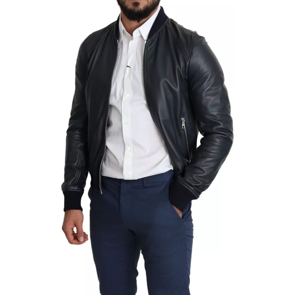 Dolce & Gabbana Black Leather Full Zip Men Bomber Jacket Dolce & Gabbana