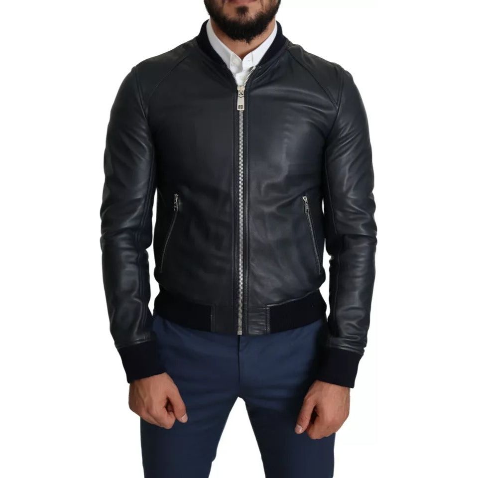 Dolce & Gabbana Black Leather Full Zip Men Bomber Jacket Dolce & Gabbana