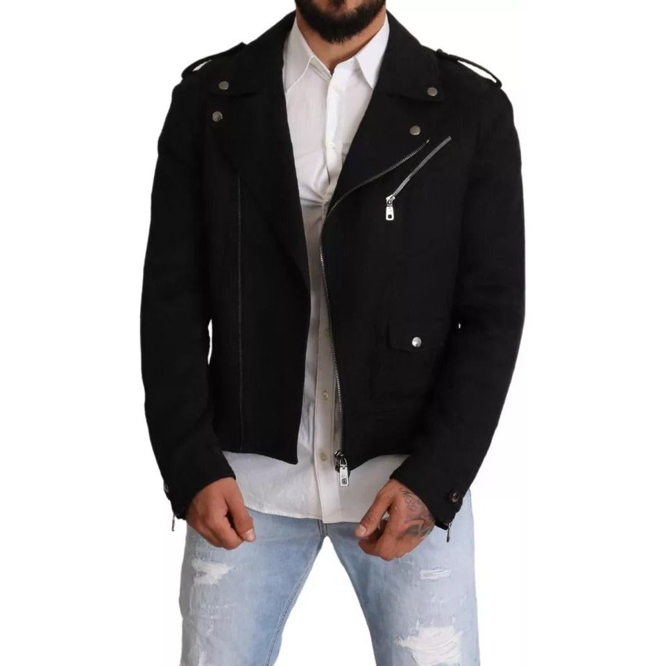 Dolce & Gabbana Black Brocade Full Zip Biker Coat Jacket Dolce & Gabbana