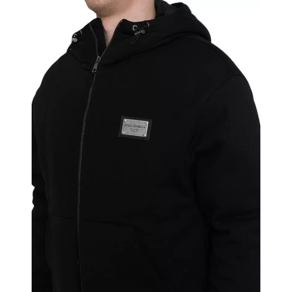 Dolce & Gabbana Black Cotton Hooded Logo Bomber Jacket