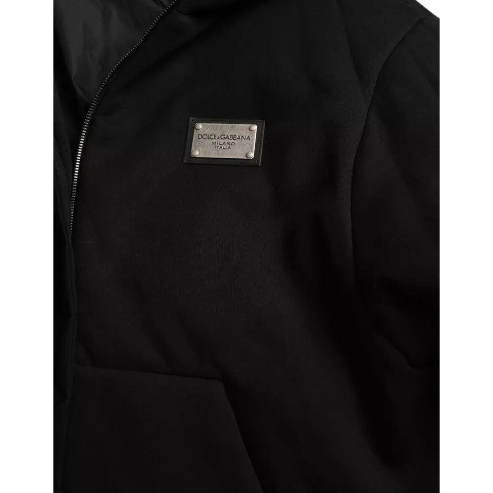 Dolce & Gabbana Black Cotton Hooded Logo Bomber Jacket