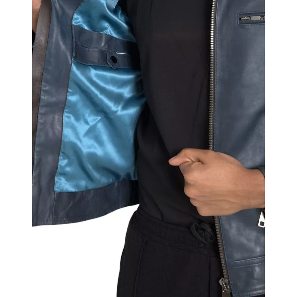 Dolce & Gabbana Blue Leather Full Zip Biker Blouson Jacket Dolce & Gabbana