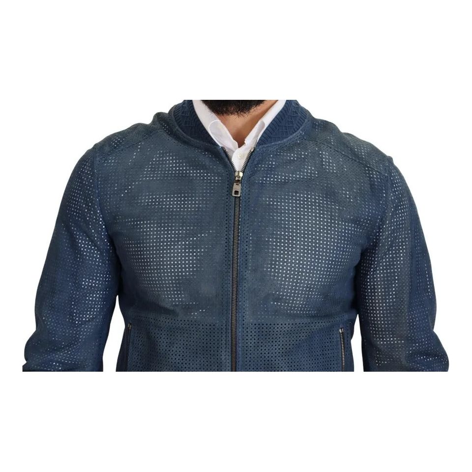 Dolce & Gabbana Blue Leather Perforated Full Zip Jacket Dolce & Gabbana