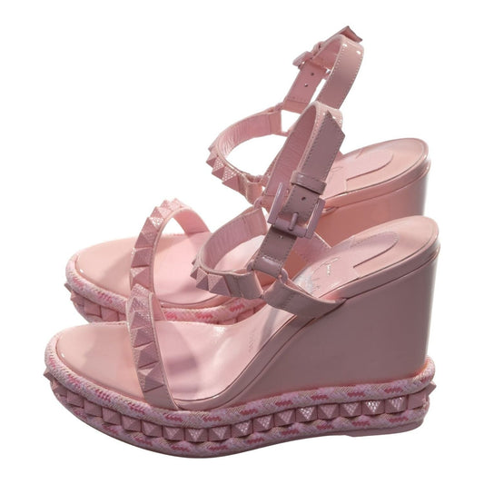 Christian Louboutin Pyraclou 100 Rosy Pink Studded Patent Leather High Heel Wedge Sandals Christian Louboutin