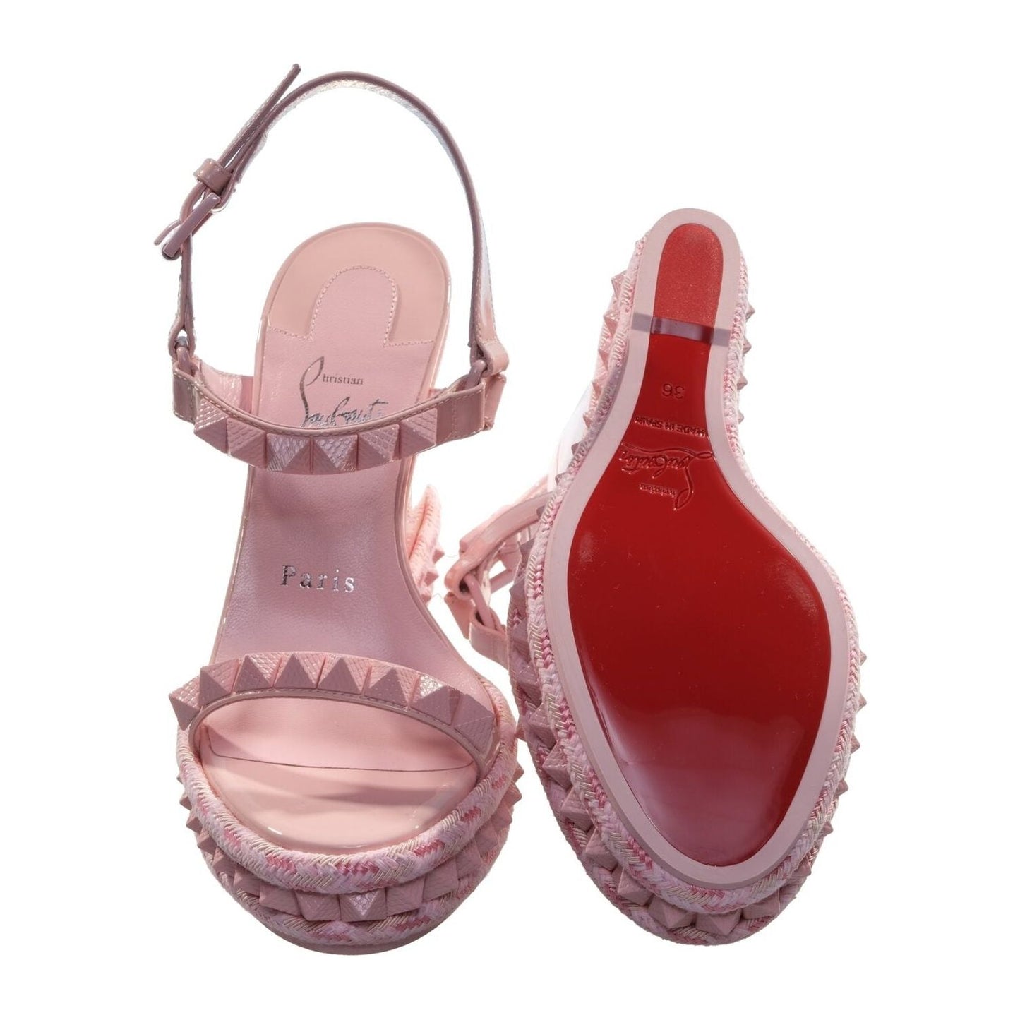 Christian Louboutin Pyraclou 100 Rosy Pink Studded Patent Leather High Heel Wedge Sandals Christian Louboutin