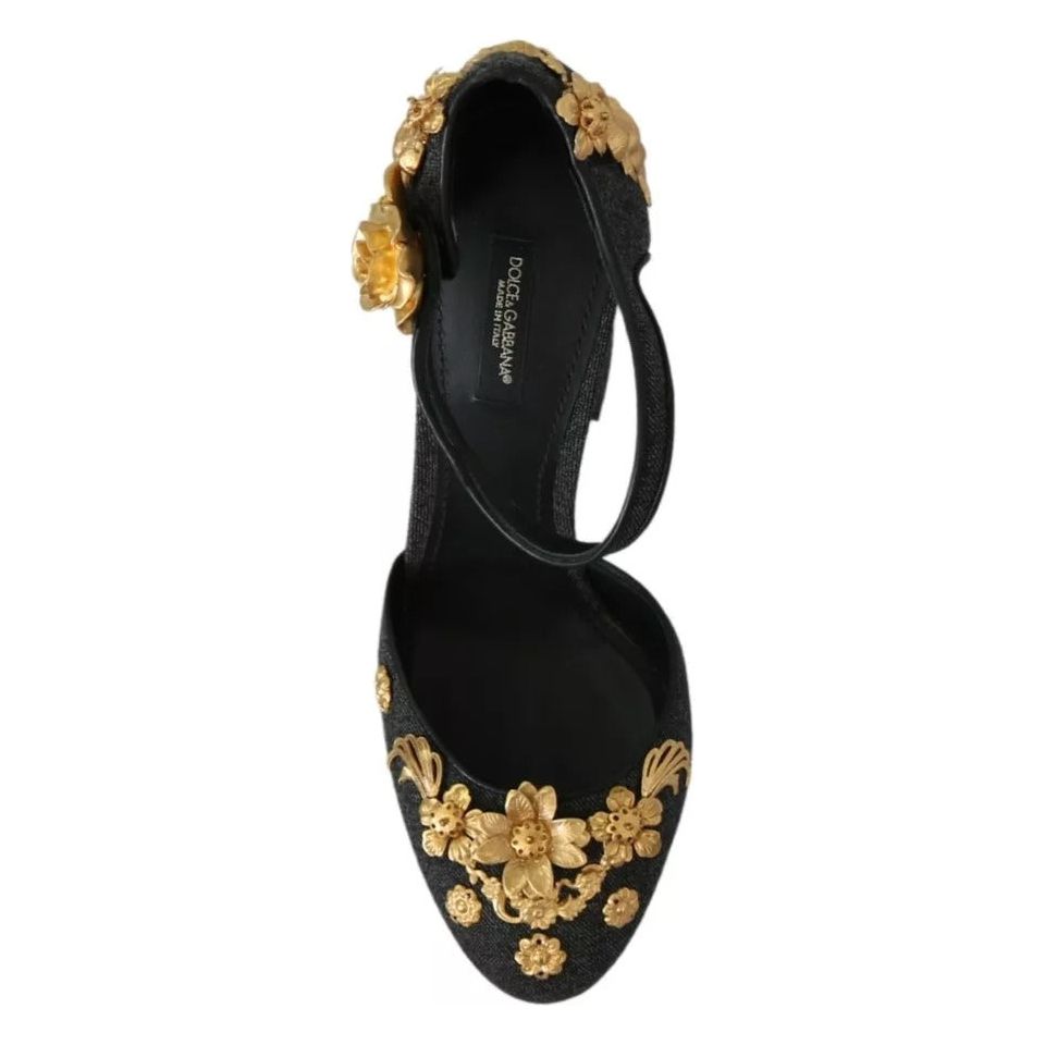 Dolce & Gabbana Black Floral Angel Applique Ankle Strap Pumps Shoes Dolce & Gabbana