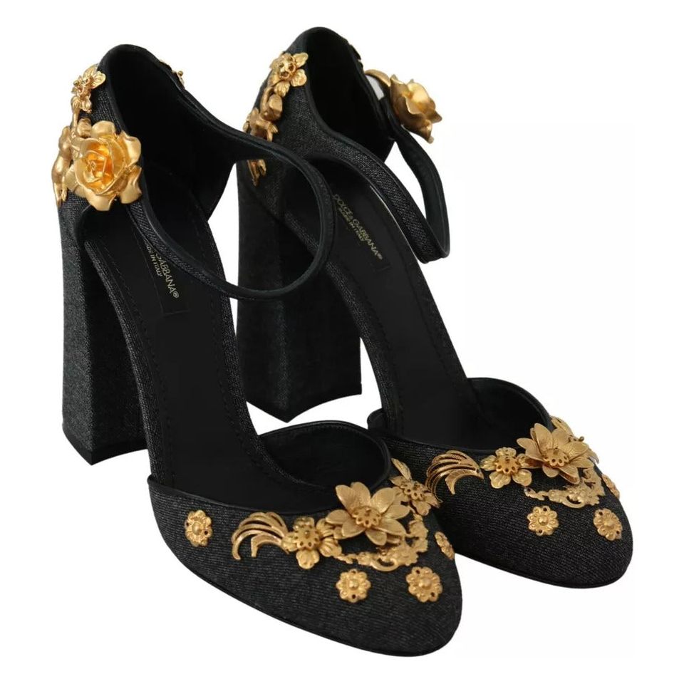 Dolce & Gabbana Black Floral Angel Applique Ankle Strap Pumps Shoes Dolce & Gabbana