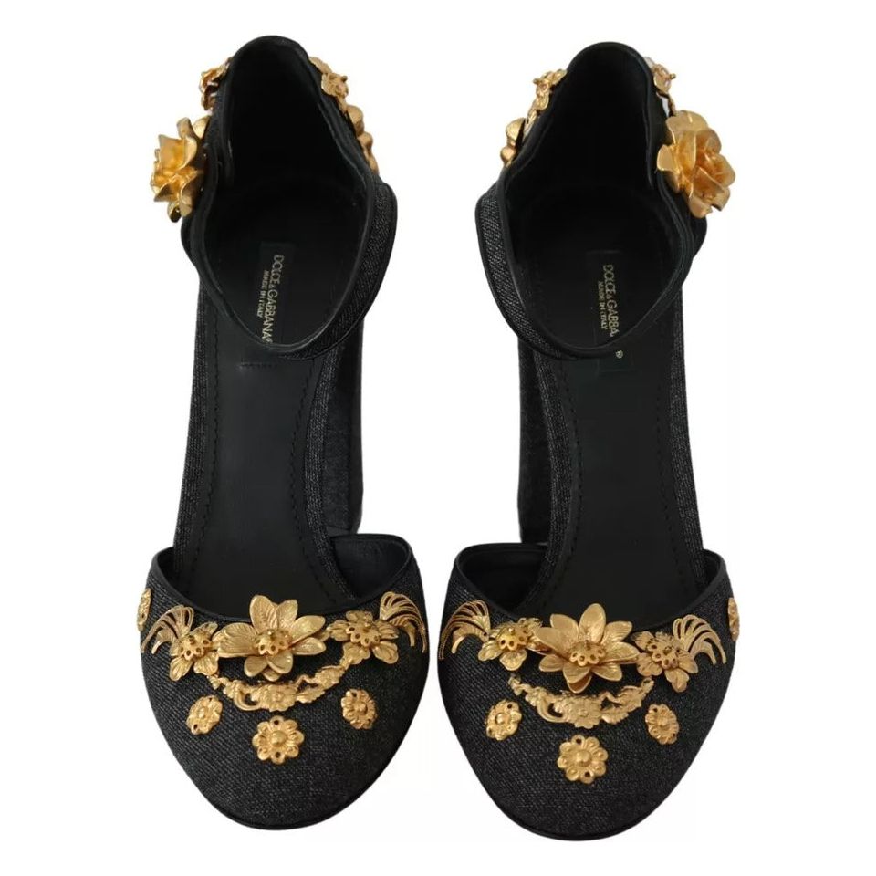 Dolce & Gabbana Black Floral Angel Applique Ankle Strap Pumps Shoes Dolce & Gabbana