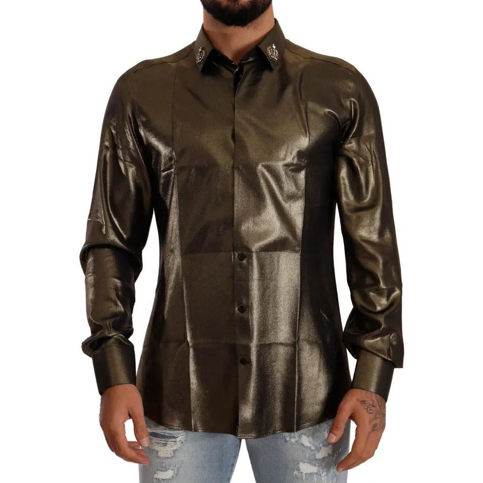 Dolce & Gabbana Metallic Gold DG Embroidered Crown Silk Top Shirt Dolce & Gabbana