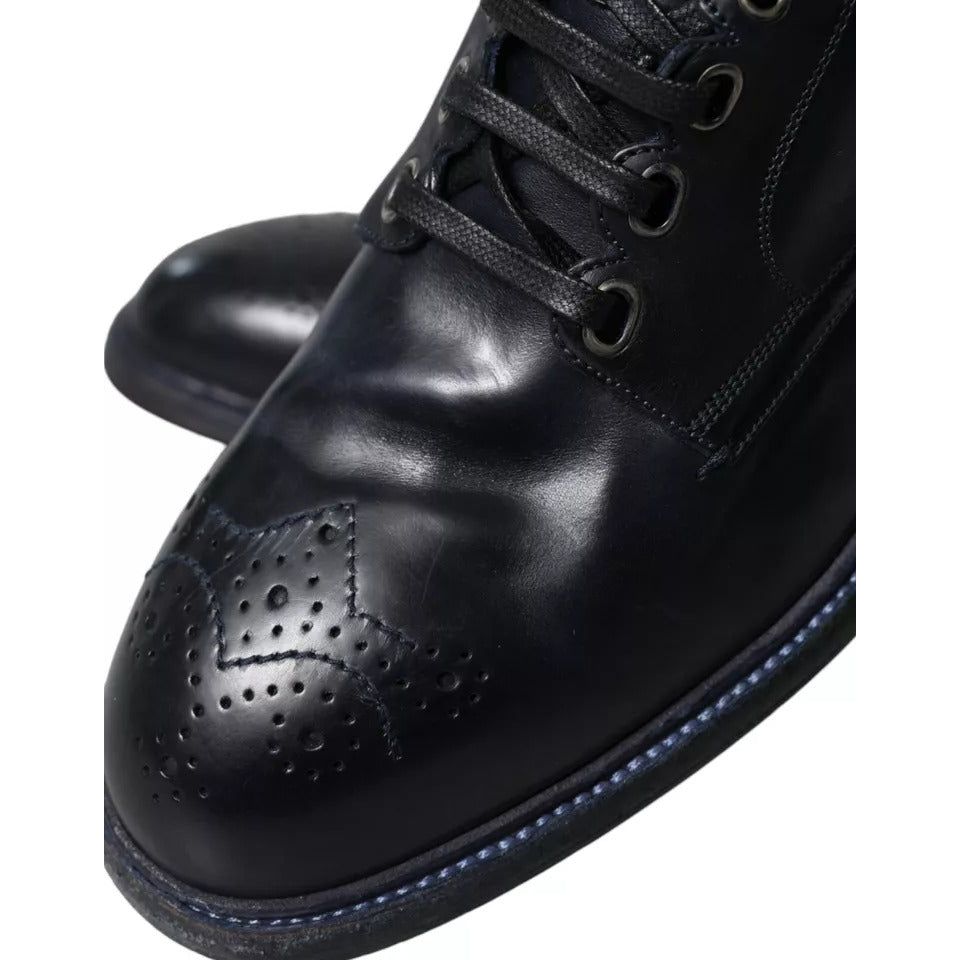 Dolce & Gabbana Navy Blue Leather Lace Up Ankle Boots Shoes Dolce & Gabbana