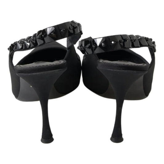 Dolce & Gabbana Black Embellished Charmeuse Slingback Heels Shoes Dolce & Gabbana