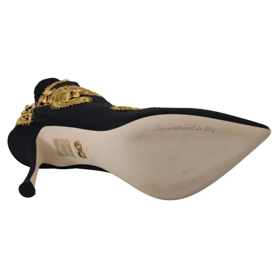 Dolce & Gabbana Black Gold Embroidery Slip On Boots Shoes Dolce & Gabbana